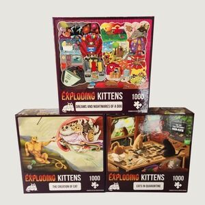 NEW Lot 3 Exploding Kittens 1000 Piece Jigsaw Puzzles Bundle Creation Quarantine